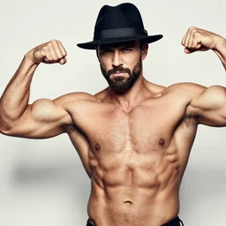 jacked and ripped alpha male with a scruffy beard and wearing a fedora, flexing, Krista Sudmalis, Sleek'N'Tears