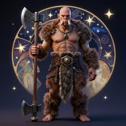 full body view portrait, orc barbarian, bald, tusks, barefoot, large axe, abstract stars and night background, alphonse mucha, rhads, ross tran, artstation, artgerm, octane render, 1 6 k