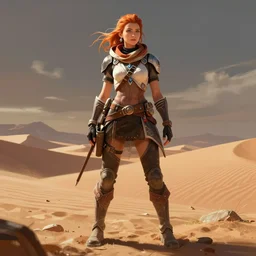 Aloy, standing confidently, desert in the background, natural lighting, digital painting, concept art, sharp focus, illustration, single character full body, rule of thirds, from Horizon: Zero Down, by Mandy Jurgens