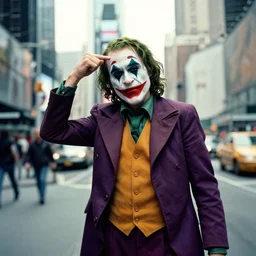 bruce campell wearing the jokers make - up and is posing on time - square, photography, kodak portra, desaturated, by vito acconci