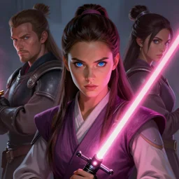 pretty blue eyed brunette girl!! pink lightsaber! gorgeous, beautiful, jedi, fire emblem, art by artgerm and greg rutkowski and magali villeneuve, portrait, d & d, fantasy, highly detailed, digital painting, trending on artstation, concept art, sharp focus, illustration