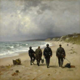 the beaches of normandy before d - day, stormy weather in the style of hudson river school of art, oil on canvas