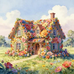 a hiper intricate watercolor of a beatifull house made from big flowers in the serene field, intricate, highly detailed, digital painting, artstation, concept art, extremely detailed, sharp focus, wide view, smooth, digital illustration, colorfull, by william turner art, by greg rutowski, by carl larson, by edmund dulac