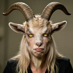 angry ellen degeneres as a goat person, she looks like a demonic mythological satyr with yellow goat eyes with horizontal pupils, long goat like ears, and goat horns on her head, 8 k, photo shoot, 9 inch kershaw soft focus lens f / 5. 6 bokek
