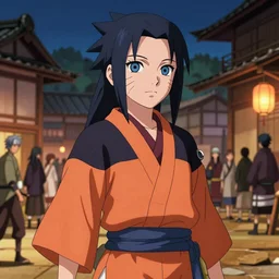 portrait of a beautiful girl with dark hair in a naruto style shinobi uniform, japanese village background, rich vivid colors, ambient lighting, dynamic lighting, 4k, highly detailed, HQ, official media, anime key visual, makoto shinkai, ilya kuvshinov, lois van baarle, rossdraws, detailed, trending on artstation