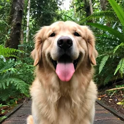 selfie of a golden retriever dog showing tongue in front of a rainforest