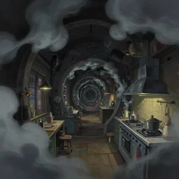 naive nerikomi, weird perspective, cel shading, smoke shapes, detailed illustration of a dark kitchen, dim lit, in a scenic spiral by anton fadeev ghibli, trending artstation
