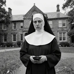 old realistic lost black and white photo of a nun in the briarcliff manor asylum, hyper realistic