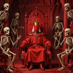 only with red, a red faceless king with crown, in a red throne room, a red majestic kingdom but decadent, many skeletons, in the style of beksinski, parts by edward hopper, parts by michael sowa, parts by yue minjun, intricate and mindblowing composition by bosch, red by caravaggio, high quality, high details, masterpiece, red light, art