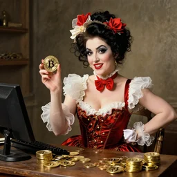 burlesque woman selling bitcoin, commercial, buy bitcoin, craig mullins, j. c. leyendecker