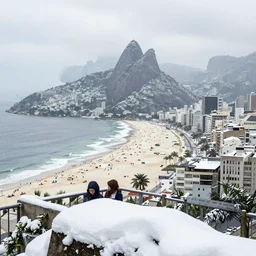the city of rio de janeiro covered in snow, winter photograph, snowing, view from copacabana beach, 4 k, award winning photograph, beautiful, trending on instagram
