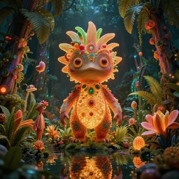 tropical fruit creature in a lush trunda candyland vegetation, water reflection, night, backlit, warm tones, bioluminescent : by michal karcz, daniel merriam, victo ngai and guillermo del toro : ornate, dynamic, particulate, intricate, elegant, highly detailed, centered, artstation, smooth, sharp focus, octane render