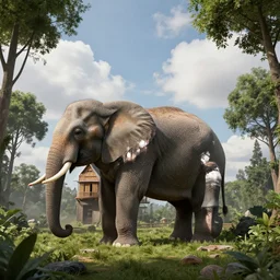 majestic elephant house, clouds, tall trees, octane render, volumetric, unreal engine