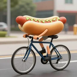 a hotdog with arms and legs riding a bike