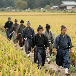 7 man each with katana walk through rice field, medieval japan, Kano Takanobu Japanese