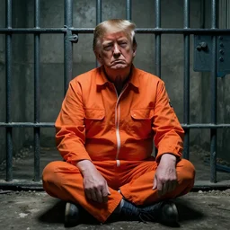 a headshot portrait of Donald trump sitting on the floor of a filthy rat infested concrete jail, dimly lit, volumetric lighting, wearing a orange jumpsuit in jail by craig mullins, octane,