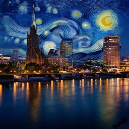 louisville ky skyline at night reflecting off the river, in the style of starry night