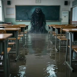 photo of a classroom, the floor is flooded with one meter deep water. in the background there is a scary dark mysterious monster. eerie