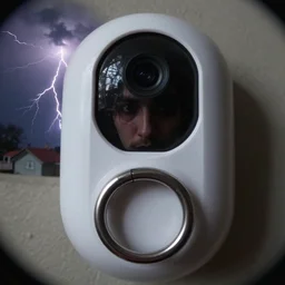 Fish Eye Ring home doorbell camera footage of someone with their face 1 inch from the lens, lightning flashes in the sky behind them, creepy, 4K Cinematic, Award winning, ultra high resolution, intricate details, UHD 8K