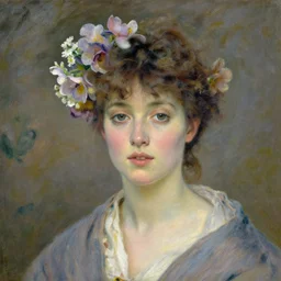 portrait by claude monet! of a young woman, frizzy hair! short hair! flowers in the hair, 1 9 th century!