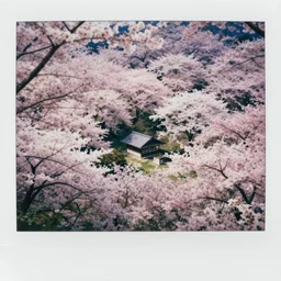 a polaroid photograph of a beautiful sakura forest landscape with a small japanese house in the middle of the forest, unity engine, saturation::0.5, trending on artstation, trending on pixiv, detailed, octane render, exquisite detail