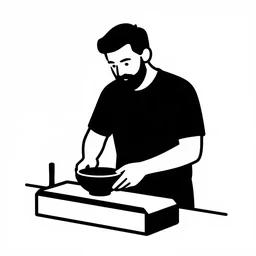 bearded man turns bowl on woodlathe, vector art, simple, clean, black and white