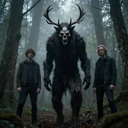 style artgerm, joshua middleton, tim jacobus, scary wendigo with antlers and skull face, in the forest, detailed, dark and foggy, cinematic lighting
