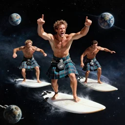 men in kilts, riding surfboards, in outer space, very happy, photo, ultra high definition, 8k,