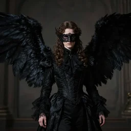 a dark angel with black wings spread wide and victorian style clothing, with a dark lace face mask, cinematic lighting, low key contrast, detailed, hyperrealistic, character concept art by tolkien and greg rutkowski