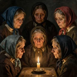 six old women in a circle around a candle, dark scene, closeup of faces, sad expressions, wearing hair scarfs, hyper detailed, trending on artstation, classic painting