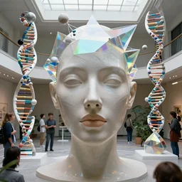 detailed face of a woman in a biomorphic courtyard, dna sculptures, science expo, prism, tensegrity, molecules, buckball, ambient, pj crook, syd mead, livia prima, artgerm, greg rutkowski, nick alm, casey baugh