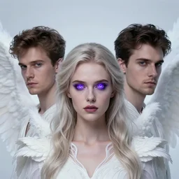 head and shoulder portrait by by darek zabocki, tom bagshaw and jordan grimmer, female, violet glowing eyes, white intricated clothes, angel wings