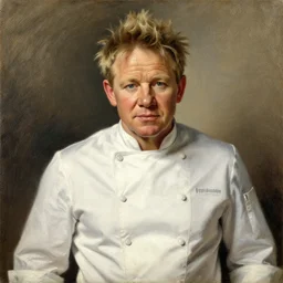 a portrait of gordon ramsay in a chef uniform, neoclassicism, oil on canvas, hatching technique
