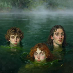 hyperrealist portrait in a river, submerge, dark green water, algae, by alphonse mucha and lucian freud and bouguereau, fog, very detailed faces