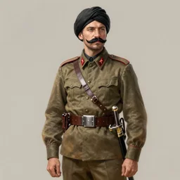 fullbody of unshaven russian revolutionary commander in military clothes wearing burka hat with black moustache and saber, handsome, highly detailed, digital painting, artstation, concept art, smooth, sharp focus, illustration, art by gaston bussiere and alphonse mucha