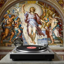 Moodymann ascends to Heaven on a flying turntable, fresco, by Raphael, Giotto, Michelangelo