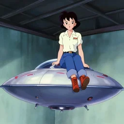 a film still of a 1 9 5 0's mechanic anime girl sitting on top of flying ufo landing in hangar of giant ufo spaceship, 1 1 1, trending on pixiv fanbox, painted by gaston bussiere, makoto shinkai, akihiko yoshida, gaston bussiere, craig mullins