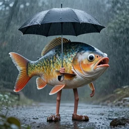 crosseyed giant fish with human legs and arms holding an umbrella while it rains, 4 k