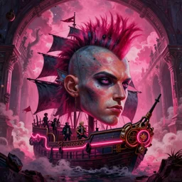 punk big beautiful face, space, dungeon, pirate neon ship with punks on board, mohawks, neon, oil painting, pink, rich deep colors masterpiece, ultra detailed, contrast, heaven pink, lots of roman arches, punk rock with mohawks, clouds, sky, volumetric light, atmospheric lighting, dramatic, cinematic, moody, octane render 4 k, 8 k