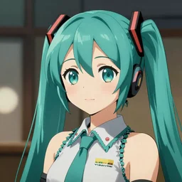 High quality portrait of Hatsune Miku. Art by Makoto Shinkai, Crunchyroll, pixiv, danbooru, HD, headshot, cinematic still, detailed anime face, bokeh, digital art, cel shading, vivid colors, ambient lighting