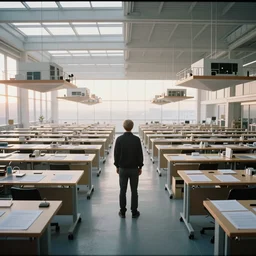 candid photo rows upon rows of workshop desks stretching off to the horizon, documents connected through time and space, of sunrise futuristic floating open - air design studio designed by jony ive, scale model floating in midair in front of me, brilliant daylight vr os ux, leica 8 k still from an a 2 4 film