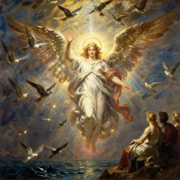 The Port of Constantinople, ancient art, flock of birds, light of god, angelic light, classical art, in style of J.M.W. Turner