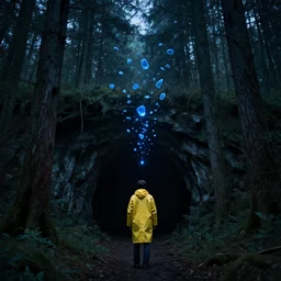 blue energy fragments floating towards a cave entrance in the woods, young man with yellow raincoat, 8 k, award - winning, mysterious, eerie, spooky, night, tall trees