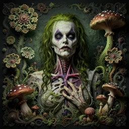 a beautiful detailed rococo 8 0's photo of a rotten woman corpse with face muscles, veins, arteries, fractal plants and fractal flowers and mushrooms growing around, intricate, ornate, volumetric light, beautiful lit, beetlejuice