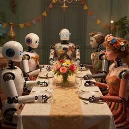 a table dinner of robots where robots are dressed like the characters from the midsommar movie wearing flowers, realistic detailed digital art by maxwell boas jessica rossier christian dimitrov anton fadeev trending on artstation cgsociety rendered in unreal engine 4 k hq