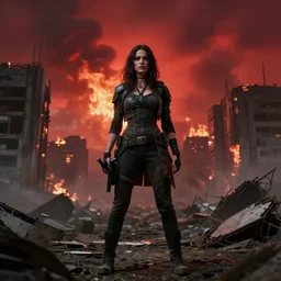 rebel woman standing in front of a post apocalyptic city with burning red sky