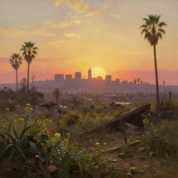a new dawn after a post apocalyptic california landscape after a nuclear war, foliage, plants, flowers, beautiful, sunrise lighting, beautiful painting, los angeles, painted by albert bierstadt