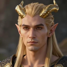 adult male ; 3 0 years ; sharp face ; elf ; clean shaven ; long golden hair ; golden horns ; patches of scales ; pointed ears ; trending on artstation ; cinematic ; high detail ; digital art
