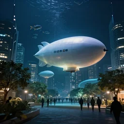 underwater view of organic blimps in city designed by zaha hadid with trees and people walking, cinematic, night time photograph, cinematic lighting, fish swimming, vfx film, ultrarealistic, artstation trending, 8 k