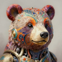 organic cyborg, brightly coloured bear mask opening, diffuse lighting, fantasy, intricate, elegant, highly detailed, lifelike, photorealistic, digital painting, artstation, illustration, concept art, smooth, sharp focus, art by John Collier and Albert Aublet and Krenz Cushart and Artem Demura and Alphonse Mucha